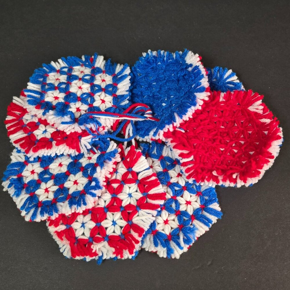 Set (8) VTG Handmade Red White Blue Crochet Coaster Trivet 5" Patriotic Hot Pads